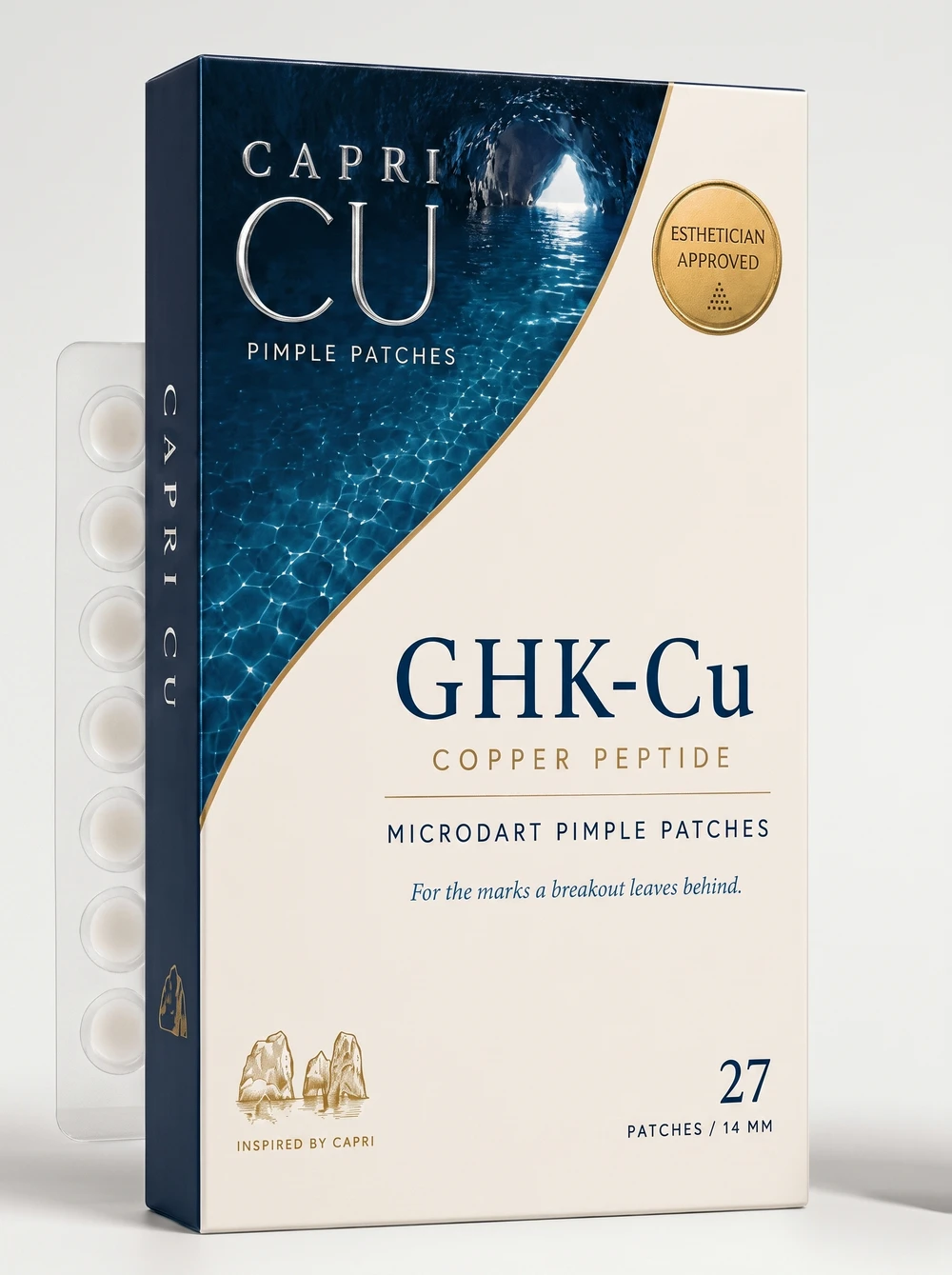 Existing CAPRI CU copper peptide microdart pimple patch packaging with an underwater grotto, navy typography, and gold details