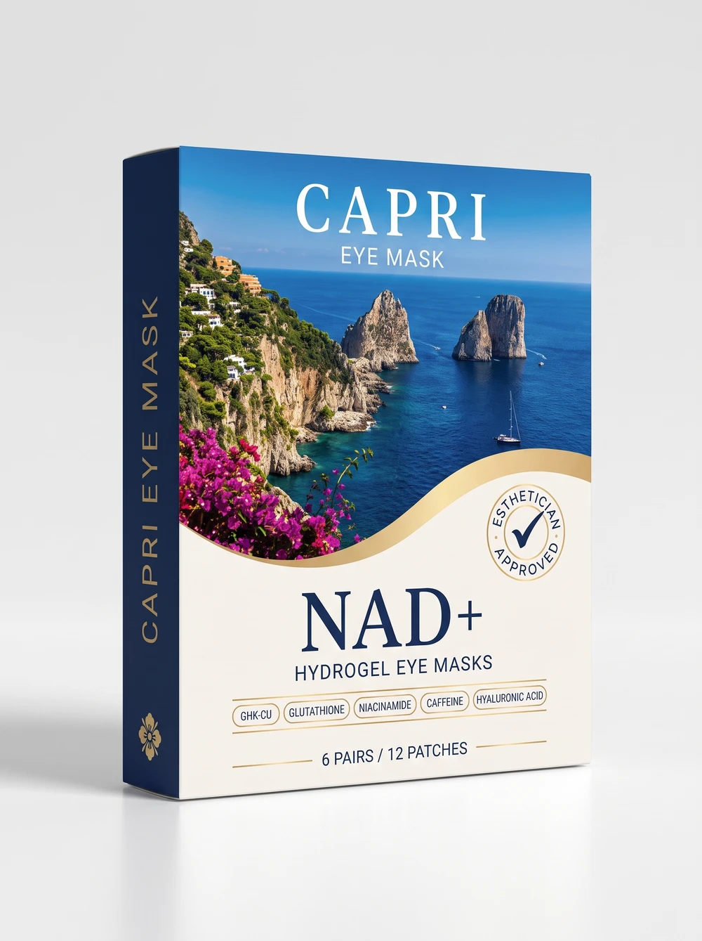 Existing CAPRI NAD+ Hydrogel Eye Masks packaging with Capri coastline, navy lettering and a gold curve