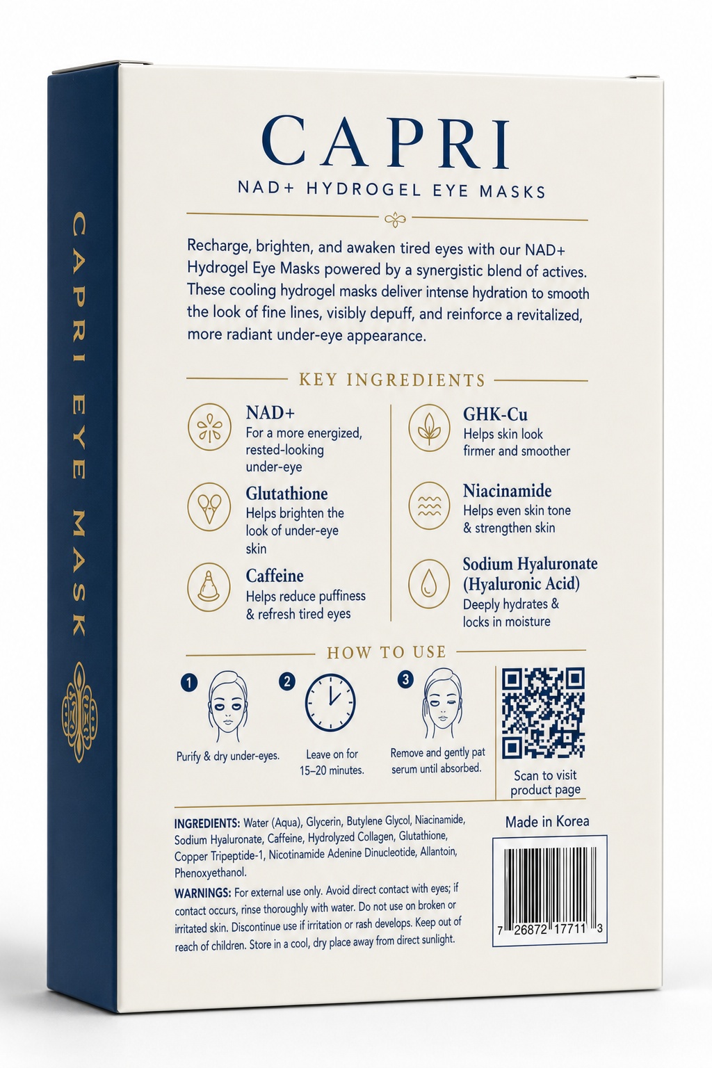 Capri Eye Mask back label with ingredients and directions